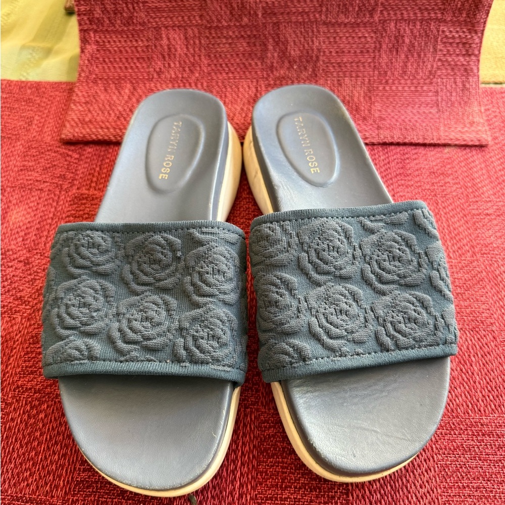 Taryn Rose Black Embroidered Slide Sandals